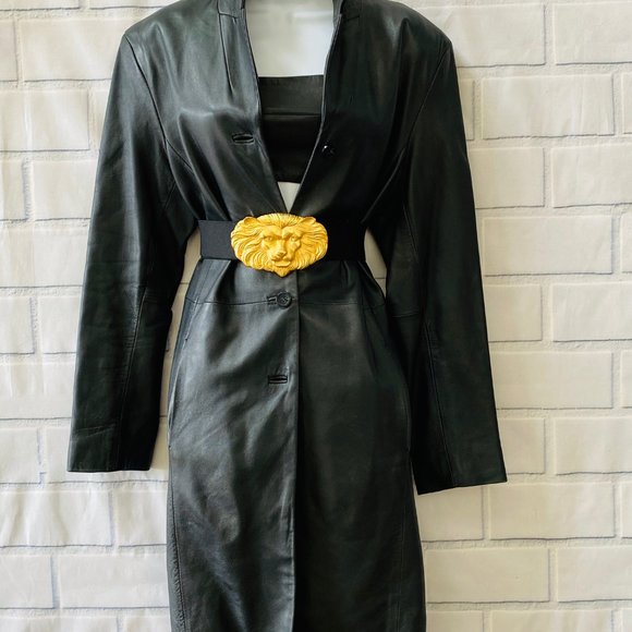 VINTAGE Black Genuine Leather Coat By Alfani Size Large - Picture 6 of 9